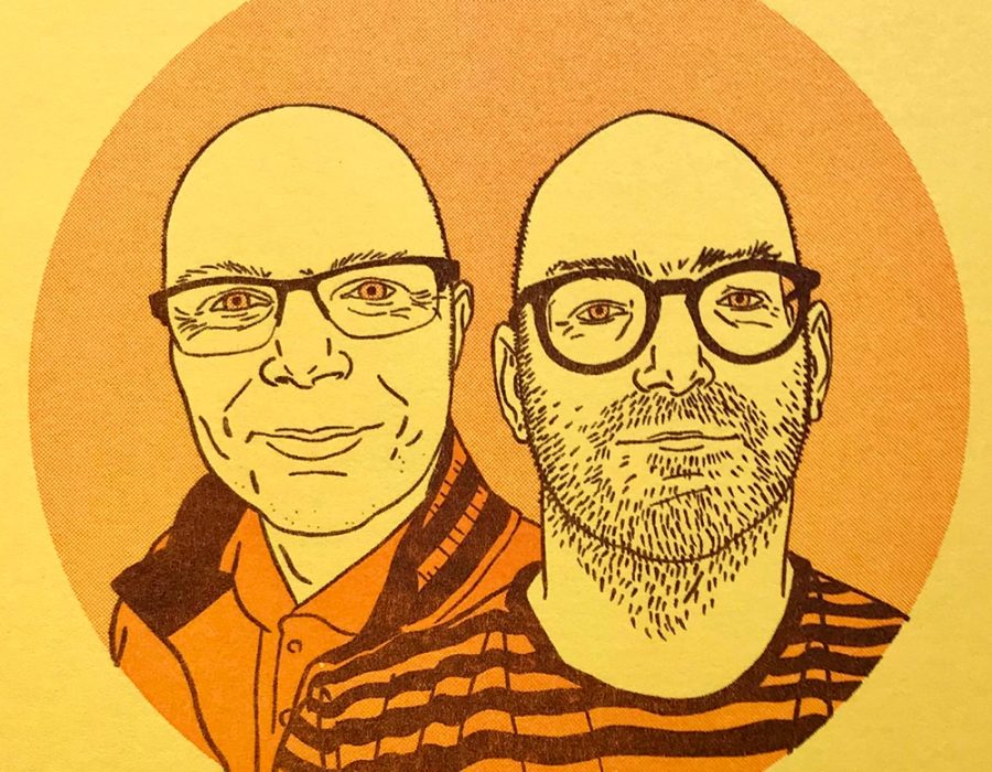 cartoon drawing of two bald men wearing glasses