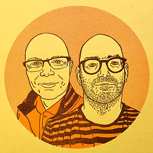 cartoon drawing of two bald men wearing glasses
